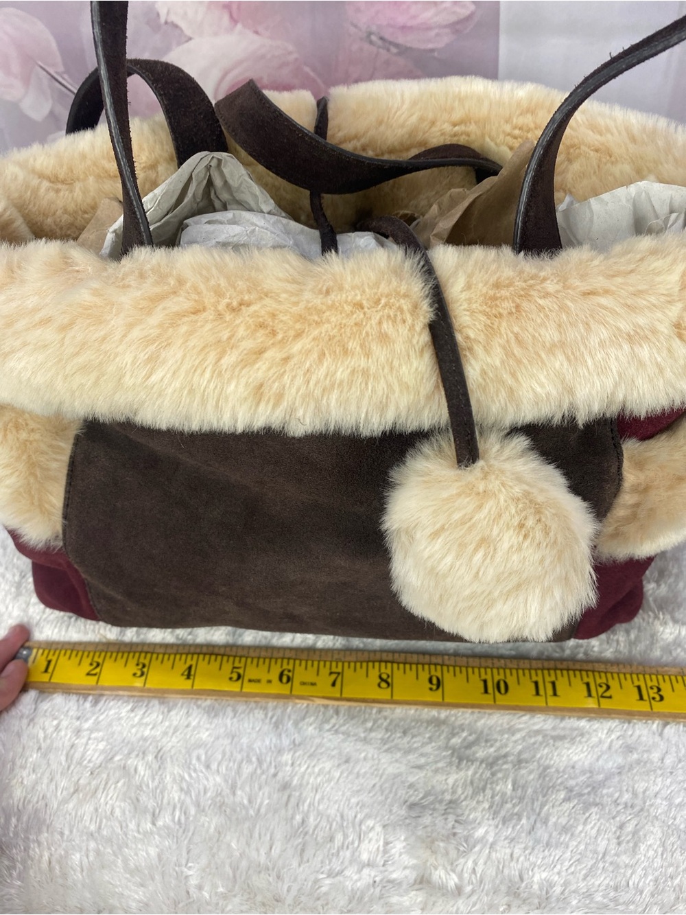 Plush Faux Fur Trim Suede Tote Bag - Brown & Burgundy - Picture 3 of 4